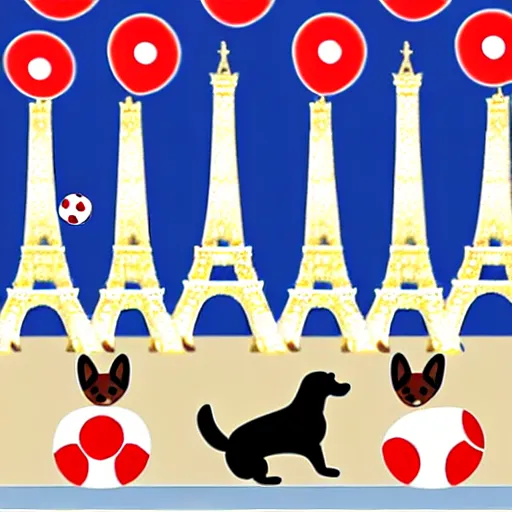 Image similar to illustration of boy playing football with a corgi wearing a polkadot scarf on the streets of paris