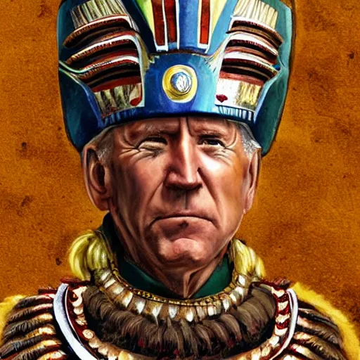 Prompt: portrait photo of joe biden as an ancient aztec warrior