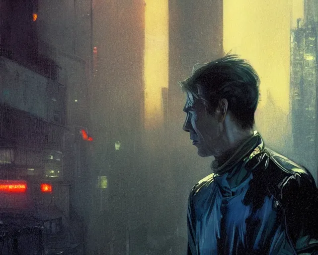 Image similar to 2 0 1 8 blade runner movie young man young clint eastwood in his youth look at the cityscape from roof perfect face fine realistic face pretty face reflective polymer suit tight neon puffy jacket blue futuristic sci - fi elegant by denis villeneuve tom anders zorn hans dragan bibin thoma greg rutkowski ismail inceoglu illustrated sand storm alphonse mucha