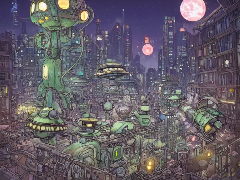 Image similar to fantasycore street view of futuristic machinarium tokyo at night by michael whelan and naomi okubo and dan mumford. cute ver.ka mecha machinarium robots. cel-shaded. glossy painting.