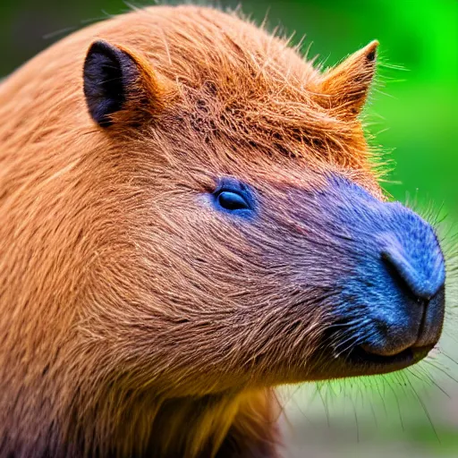 Image similar to cute capybara eating a neon nvidia gpu, chewing on a video card, cooling fans, soft blue lights, wildlife photography, bokeh, sharp focus, 3 5 mm, taken by sony a 7 r, 4 k, award winning