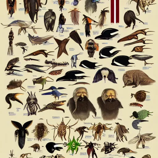 Prompt: an illustrated field guide to different species of flags showing examples of males and females of each species, biological illustrations, art by john james audubon robert stebbins and terryl whitlatch and david sibley and charles darwin, highly detailed, intricately detailed, 8 k, trending on artstation