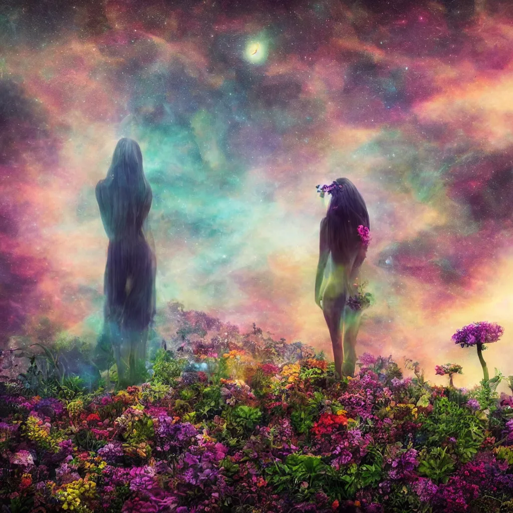 Image similar to a planet of various flowers, fungus and plants, in which the human figure is dressed in something magical and impressive, inside the picture is infinity, sunset light, Atmospheric phenomenon, artistic photography, muted colors, conceptual, long exposure outside the city