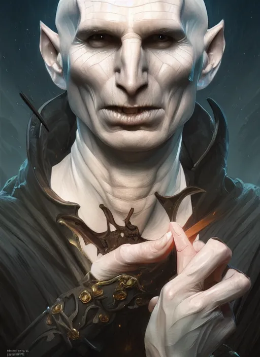 Image similar to voldemort, d & d, fantasy, intricate, elegant, highly detailed, digital painting, artstation, concept art, matte, sharp focus, illustration, hearthstone, art by artgerm and greg rutkowski and alphonse mucha