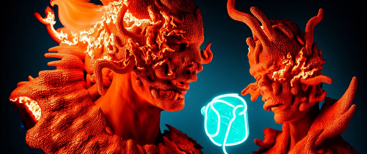 Prompt: hyperrealist highly detailed english medieval portrait of high fashion monster wearing flame fire smoke flame armor, radiating atomic neon corals, veiny network growth with neon magmapattern, concept art pascal blanche dramatic studio lighting 8k wide angle shallow depth of field