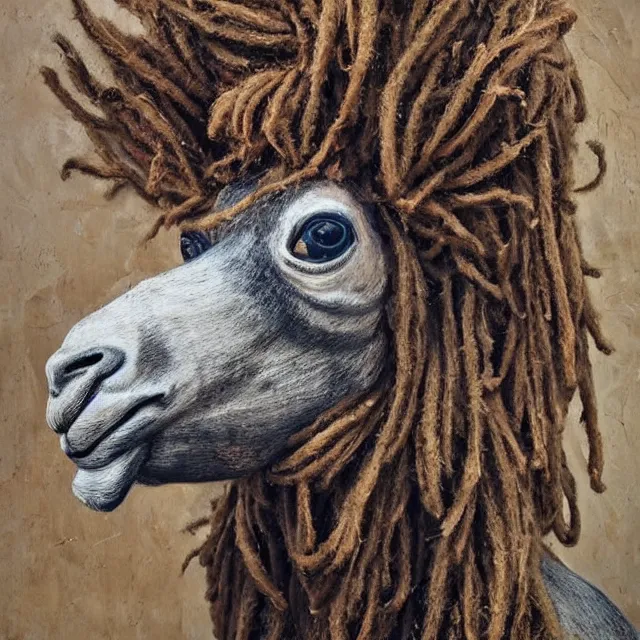 Image similar to llama with dreadlocks, industrial, by mandy jurgens, ernst haeckel, el anatsui, james jean