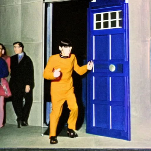 Image similar to color photo of mr spock exiting the tardis