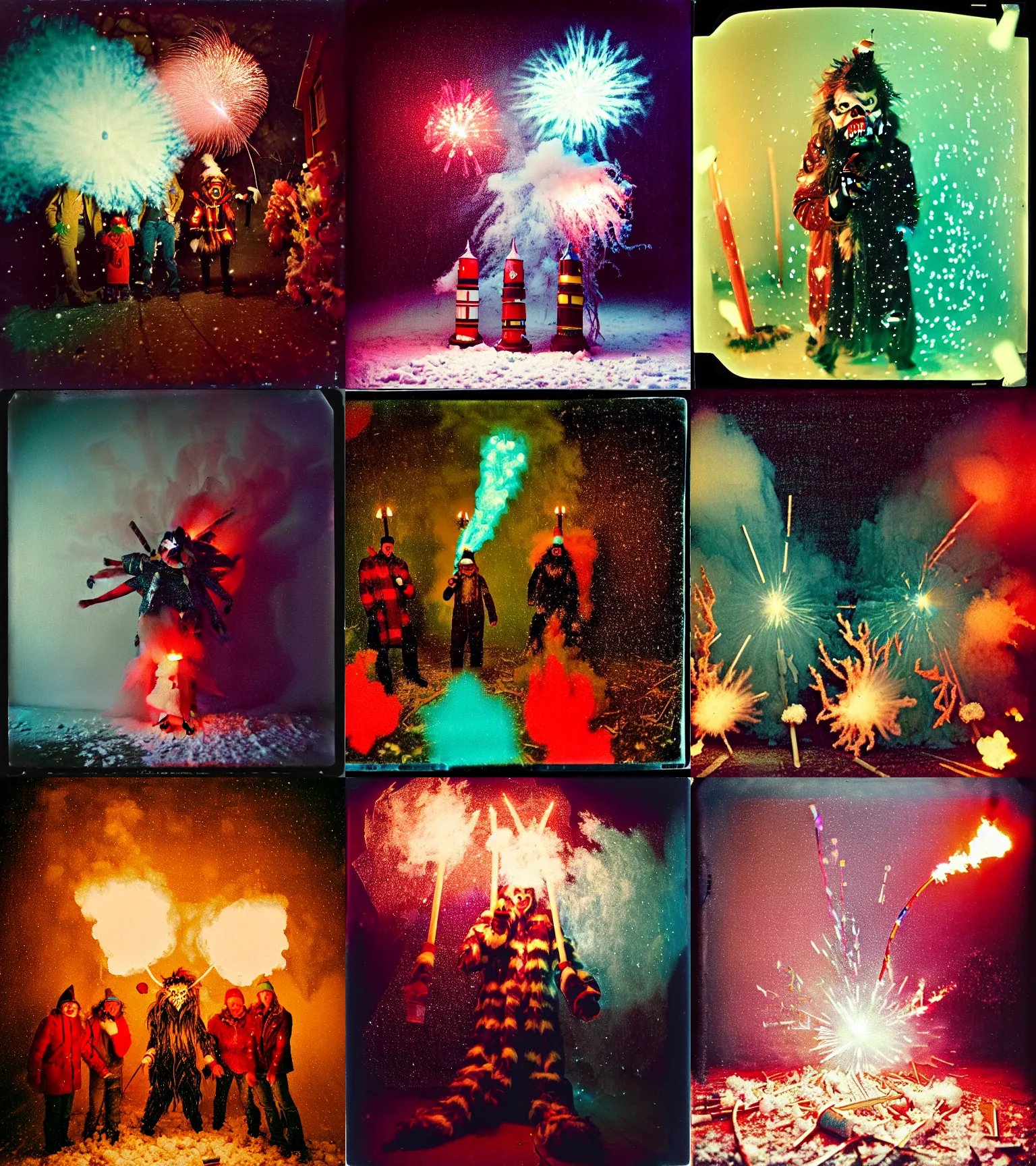 Prompt: kodak portra 4 0 0, wetplate, winter, snowflakes, rainbow coloured rockets, chaos, glitter tornados, award winning dynamic photo of a bunch of hazardous krampus between exploding fire barrels by robert capas, motion blur, in a small pantry at night with colourful pyro fireworks and torches, teal lights