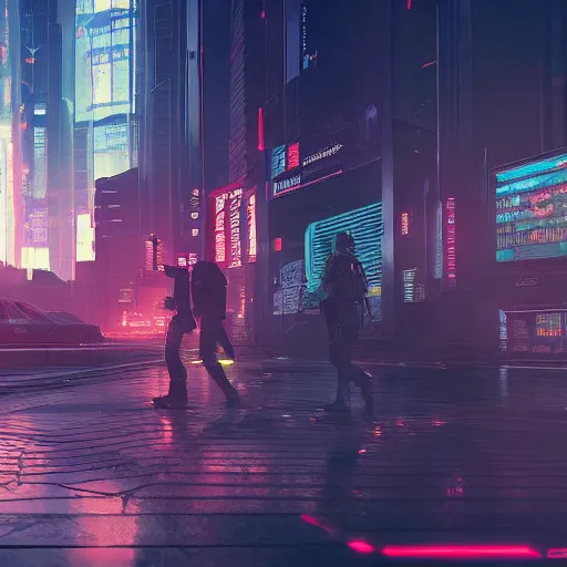 Image similar to People at the start of their journey, cyberpunk style, digital painting, concept art, smooth, sharp focus, hyperrealistic, illustration, artstation trending, octane render, unreal engine, ambient light, dynamic lighting, magical, dark vibes, Cyberpunk 2077