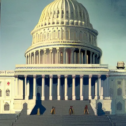 Prompt: January Sixth Insurrection Painting of US Capitol Building by Drew Struzan, cinematic movie poster, elegant, intricate, highly detailed, artstation, concept art, sharp focus