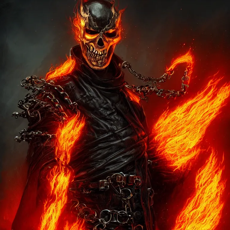 Image similar to Ghost Rider wearing a leather coat and chains, flaming grim reaper, demons of hell, the pits of hell, headshot photo, character concept, dark souls concept art, Feng Zhu concept art, dramatic lighting, highly stylized, trending on artstation, high-quality wallpaper, desktopography