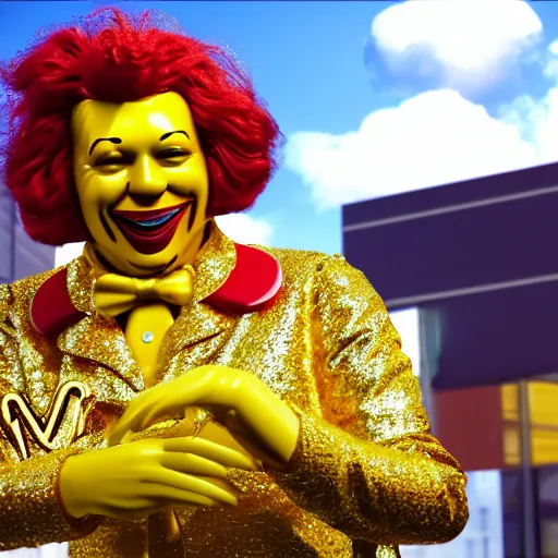 Image similar to A still of Ronald McDonald surrounded by gold and diamonds, Award-winning, photograph, 3d render, unreal engine, 4k detailed