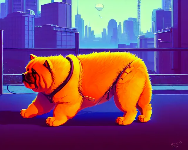 Image similar to robot shaped like a chow chow, hyper - realistic, gta v cover art, celshading, sharp focus, intricate, detailed, rhads, andreas rocha, makoto shinkai, lois van baarle, ilya kuvshinov, greg rutkowski, dynamic lighting, grunge aesthetic, 4 k