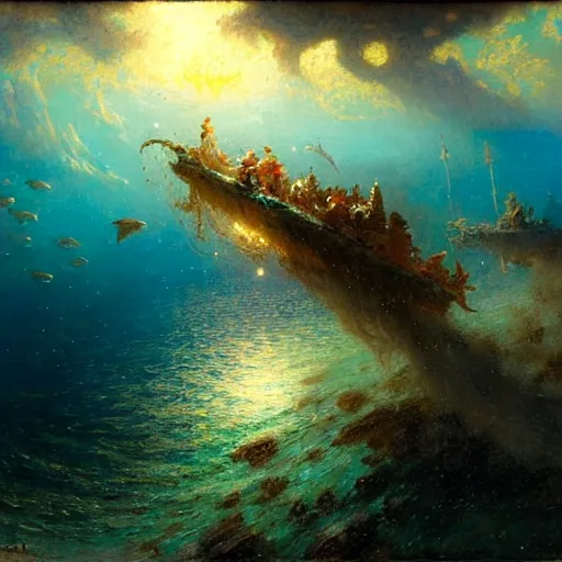 Image similar to point of view of deep in the ocean looking up, you see fishes, higher up you see the milk way, night time. highly detailed painting by gaston bussiere, greg rutkowski 8 k