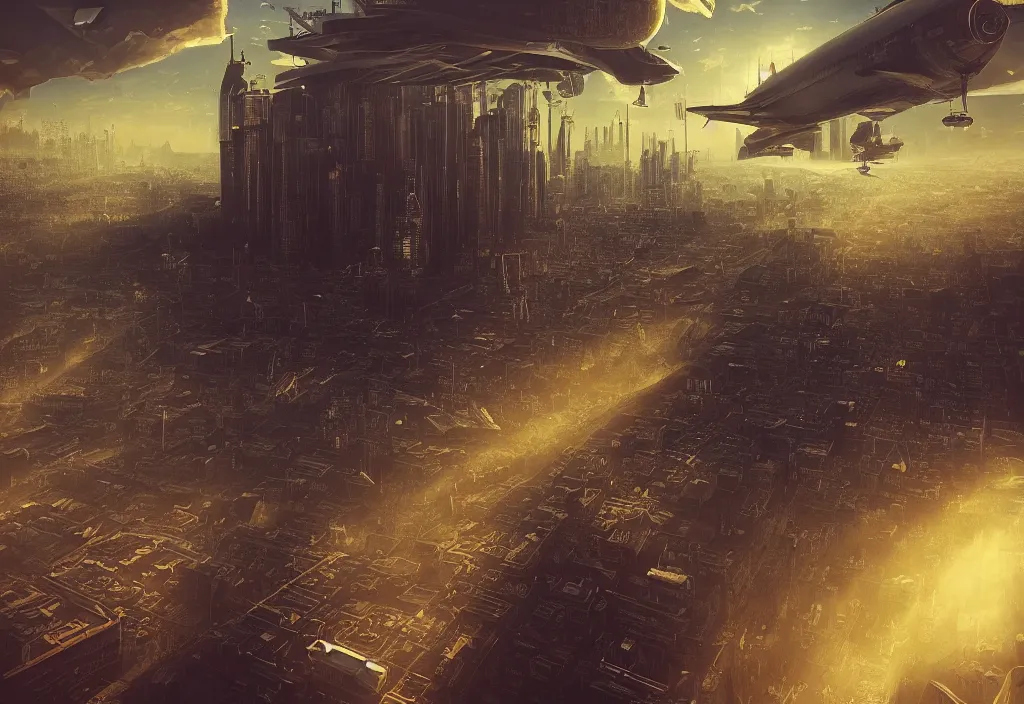 Prompt: flying city by alena aenami, zeppelin dock, city in the air, buildings are flying, mist below buildings, steampunk, digital art, 4 k, trending on artstation, impressive, epic composition, highly detailed, golden hour, no ground, cloud instead of ground