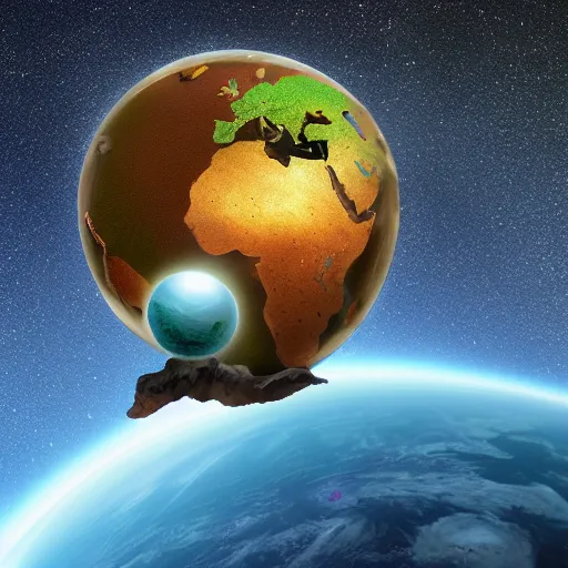 Prompt: Mystserious creature holding earth in space, view from above,