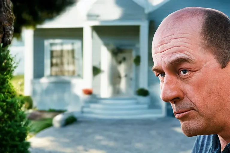 Prompt: movie scene portrait closeup, real life homer simpson in front of house, natural lighting by emmanuel lubezki