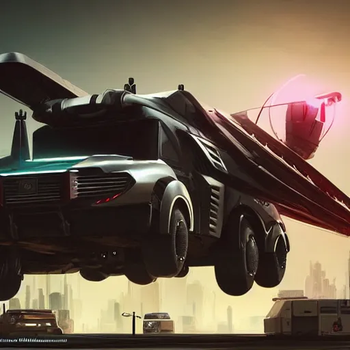 Prompt: cyberpunk alien concept of the a - team van flying trough the sky, futuristic look, highly detailed body, very powerful, photorealistic camera shot, crisp quality and light reflections, unreal engine 5 quality render