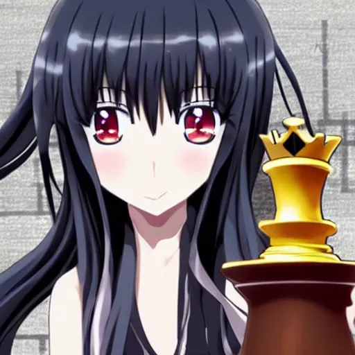 Prompt: anime art of long black hair anime girl pondering next to a chess set, official art