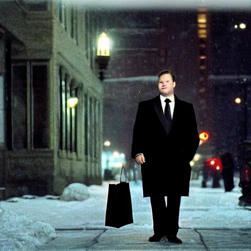 Image similar to 1 9 9 8 andy richter wearing a black wool coat and necktie standing on the streets of chicago at night in winter, holding shopping bags, dynamic lighting, holiday season.