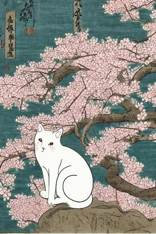 Image similar to white cat in sakura tree in the style of Utagawa Hiroshige, high resolution 4k