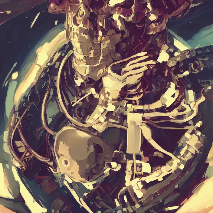 Image similar to anime skull portrait space pirate captain, futuristic science fiction, mucha, hard shadows and strong rim light, art by jc leyendecker and atey ghailan and sachin teng