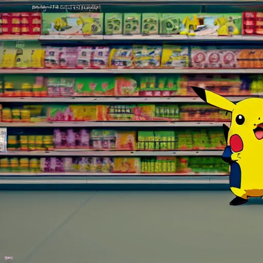 Prompt: Pikachu in a supermarket, matte painting, concept art, cgsociety, octane render, trending on artstation, artstationHD, artstationHQ, unreal engine, 4k, 8k