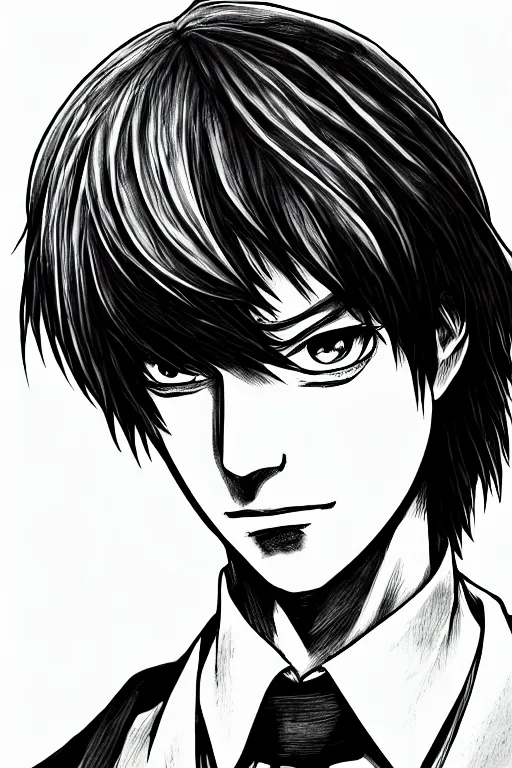 Prompt: light yagami, god of death, highly detailed, digital art, sharp focus, trending on art station, death note