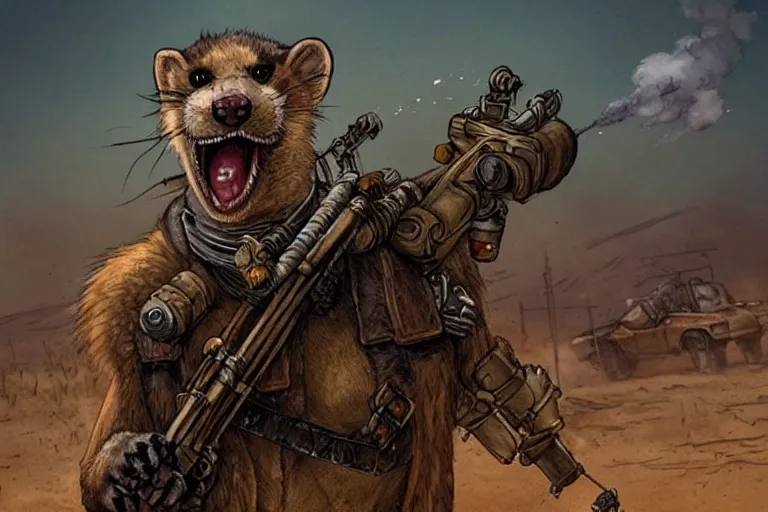 Image similar to a good ol'weasel fursona ( from the furry fandom ), heavily armed and armored facing down armageddon in a dark and gritty version from the makers of mad max : fury road. witness me.