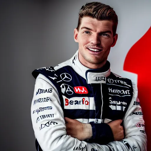 Prompt: a portrait of a mercedes f 1 driver in a white overall with the face of max verstappen, peofessional portrait photography, ambient light