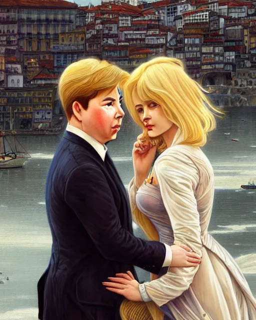 Image similar to Portrait of a  blonde lady and Michael mcintyre listening to Oasis on the Porto waterfront,real life skin, intricate, elegant, highly detailed, artstation, concept art, smooth, sharp focus, art by artgerm and greg rutkowski and alphonse mucha