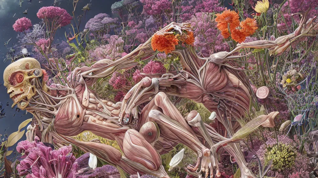 Image similar to highly detailed illustration of a human anatomy body exploded by all the known species of flowers by juan gatti, by makoto shinkai, by moebius!, by oliver vernon, by joseph moncada, by damon soule, by manabu ikeda, by kyle hotz, by dan mumford, by kilian eng