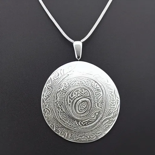 Prompt: amulet of wave inlaid in silver on a young beautiful woman neck, realistic,