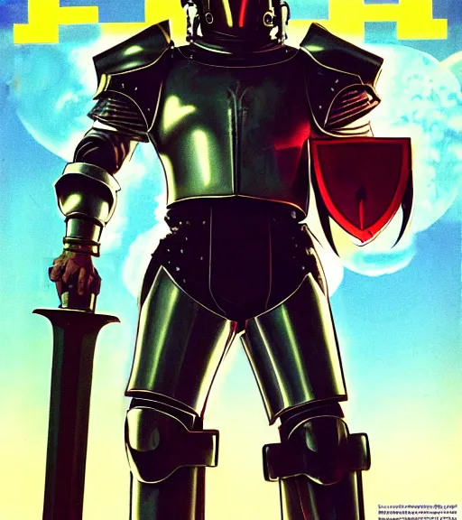 Image similar to a large cyberpunk paladin in rounded heavy plate armor with large shoulder pads and a spartan helmet wearing a crusaders helmet he is holding a large axe in a cyberpunk setting, 1 9 7 9 omni magazine cover, style by vincent di fate, artgerm, cyberpunk 2 0 7 7, very coherent, detailed, 4 k resolution, unreal engine, daz