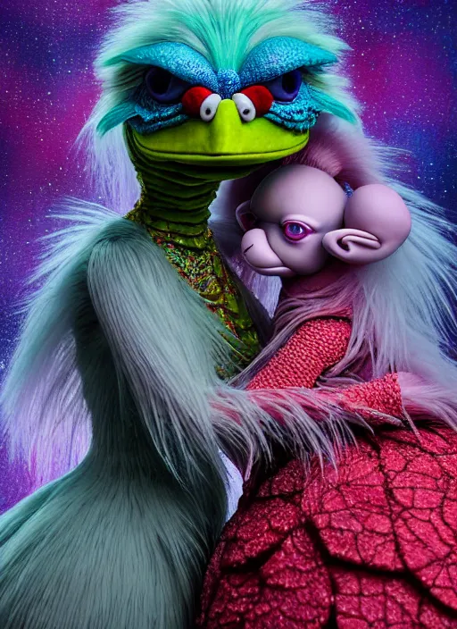 Image similar to hyper detailed 3d render like a Oil painting - kawaii portrait of two Aurora (a beautiful skeksis muppet fae princess protective playful expressive from dark crystal that looks like Anya Taylor-Joy) seen red carpet photoshoot in UVIVF posing in scaly dress to Eat of the Strangling network of yellowcake aerochrome and milky Fruit and His delicate Hands hold of gossamer polyp blossoms bring iridescent fungal flowers whose spores black the foolish stars by Jacek Yerka, Ilya Kuvshinov, Mariusz Lewandowski, Houdini algorithmic generative render, golen ratio, Abstract brush strokes, Masterpiece, Edward Hopper and James Gilleard, Zdzislaw Beksinski, Mark Ryden, Wolfgang Lettl, hints of Yayoi Kasuma and Dr. Seuss, octane render, 8k