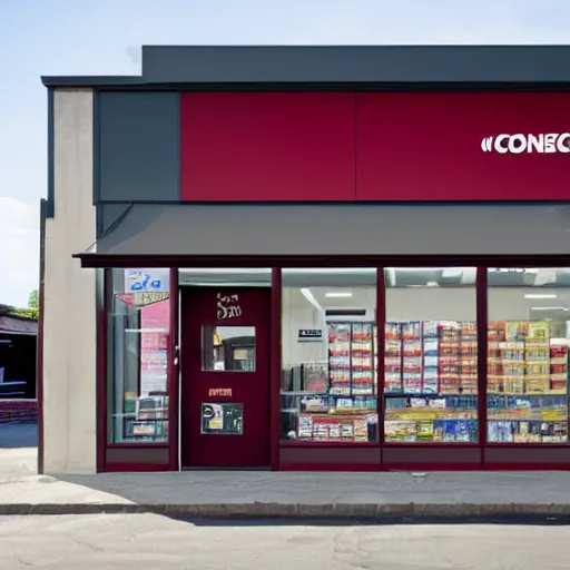 Prompt: Shopfront of a convenience store in anthracite with red burgundy details, award winning architectural design, best of retail