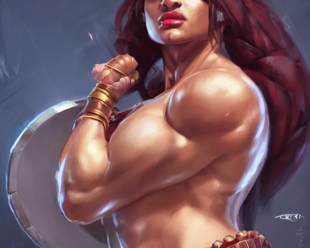 AI Art Generator: Highly detailed Illaoi muscular burly woman sweaty wide  shoulders huge arms close up zoom portrait 4k