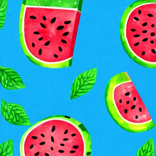 Image similar to retro, hd illustration of watermelons and lemons, mint leaves, inspired by watercolor masterpieces, matisse, colorful, happy, trending on artstation, 4 k