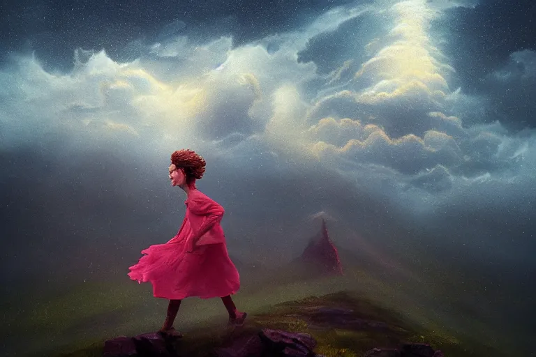 Image similar to giant dahlia flower as a head, girl walking on mountain, surreal photography, stars, dramatic light, impressionist painting, storm clouds, digital painting, artstation, simon stalenhag