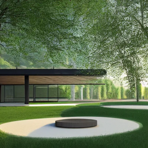 Image similar to a contemporary pavilion on the lawn, nordic design style, peter zumthor, low and lush trees, sunny, lots of people, photorealistic, 4 k, highly detailed, digital painting, artstation