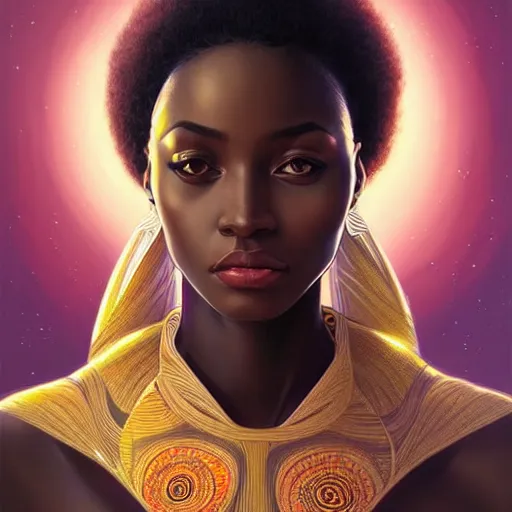 Image similar to portrait of very very very very very very beautiful african woman, spacesuit, orange eyes, intricate, elegant, highly detailed, digital painting, artstation, concept art, smooth, sharp focus, illustration, art by artgerm and greg rutkowski and alphonse mucha