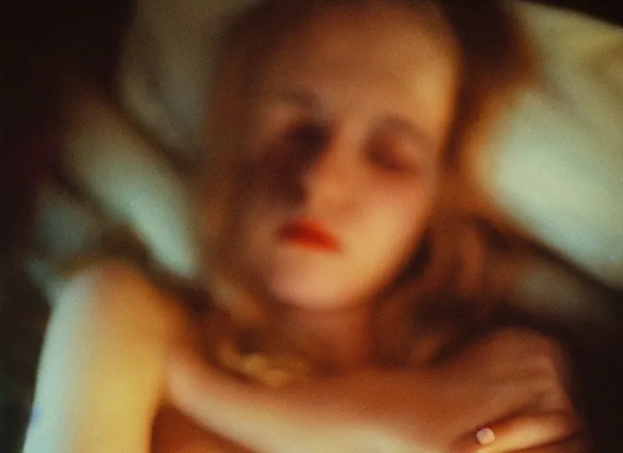 Image similar to close-up color film photography 1970s, sleeping woman, soft focus, golden hour, soft light, 35mm, film photo, nan goldin