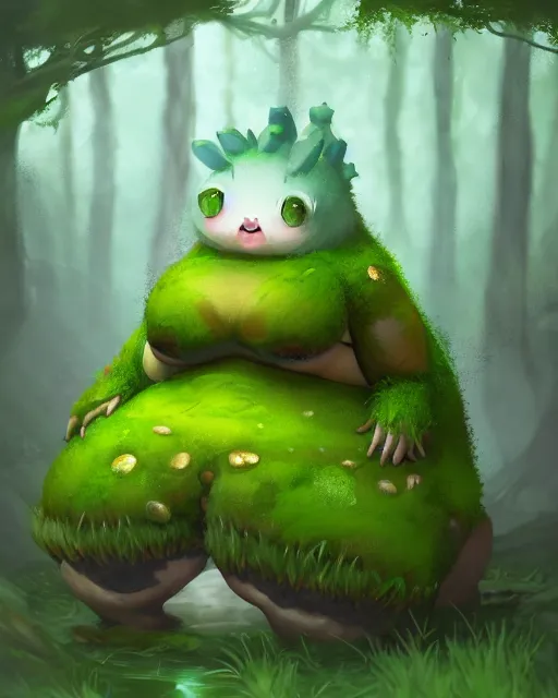 Prompt: concept art for a cute thicc moss creature, sitting in a shallow swamp, fog, full body artwork, full background | | epic - fine - clean, polished, trending on artstation, brush strokes