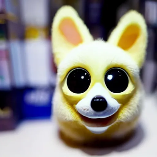 Prompt: photograph of a corgi furby toy on a store shelf