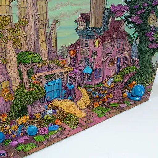 Prompt: acrylic painting, art in the style of Terry Moore, Moebius and Mohrbacher, a tiny village created out of candy with a river of chocolate, intricately detailed