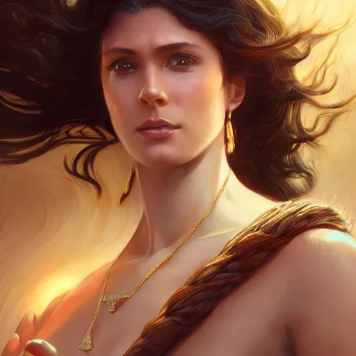 Image similar to a female angel of mercy, brown skinned, sumerian, D&D, highly detailed, digital painting, artstation, concept art, sharp focus, illustration, cinematic lighting, art by artgerm and greg rutkowski and alphonse mucha