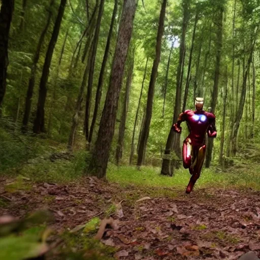 Image similar to trailcam footage of iron man running in the forest