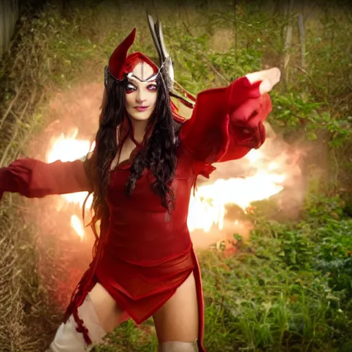 Image similar to Mileena dressed in the Scarlet Witch outfit