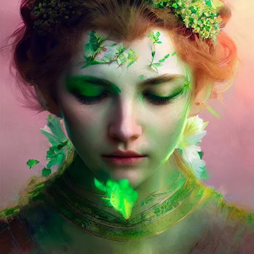 Image similar to Goddess of Spring, green-eyes, gorgeous portrait, intricate, elegant, volumetric lighting, scenery, digital painting, highly detailed, artstation, sharp focus, illustration, concept art, ruan jia, steve mccurry