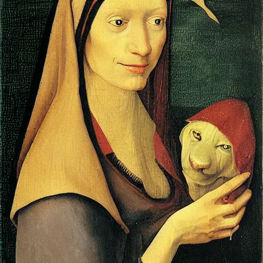 Image similar to a painting of a beautiful woman with long hair and jackal ears in the style of hieronymus bosch